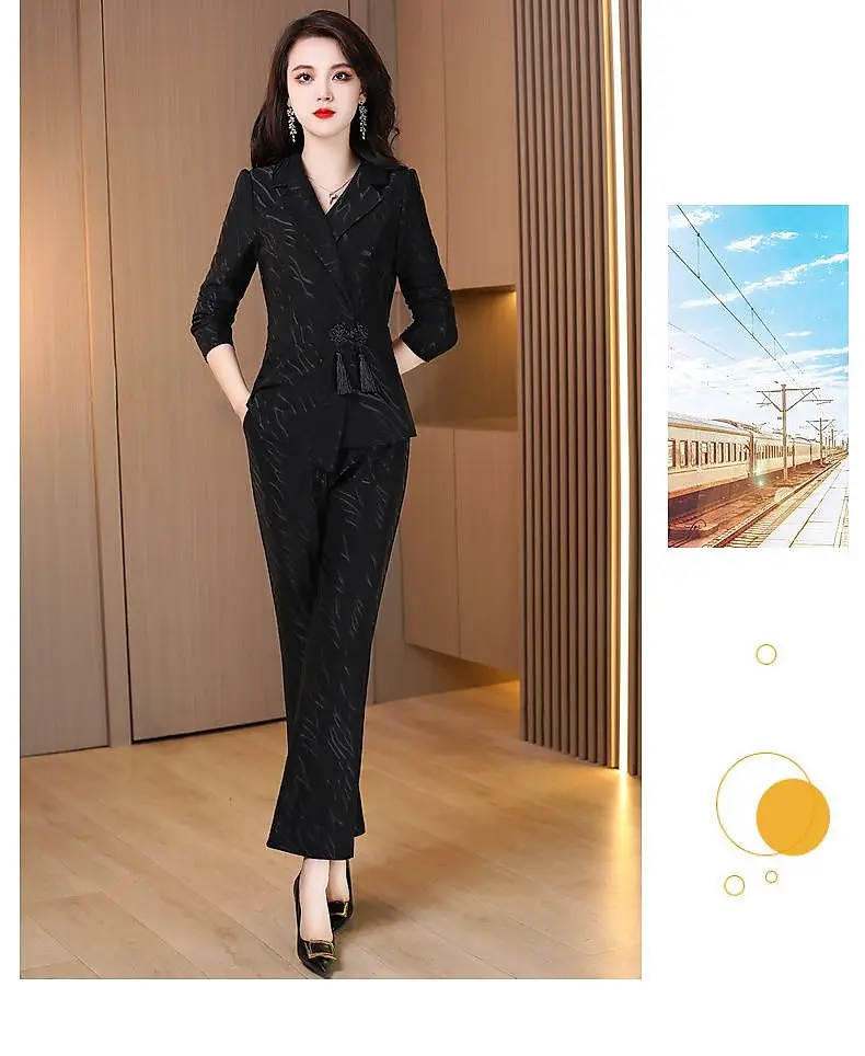 Fashion Jacquard Suit Collar Professional Set for Women's 2024 New Spring Fashionable Style Slim Wide Leg Pants 2-piece Set