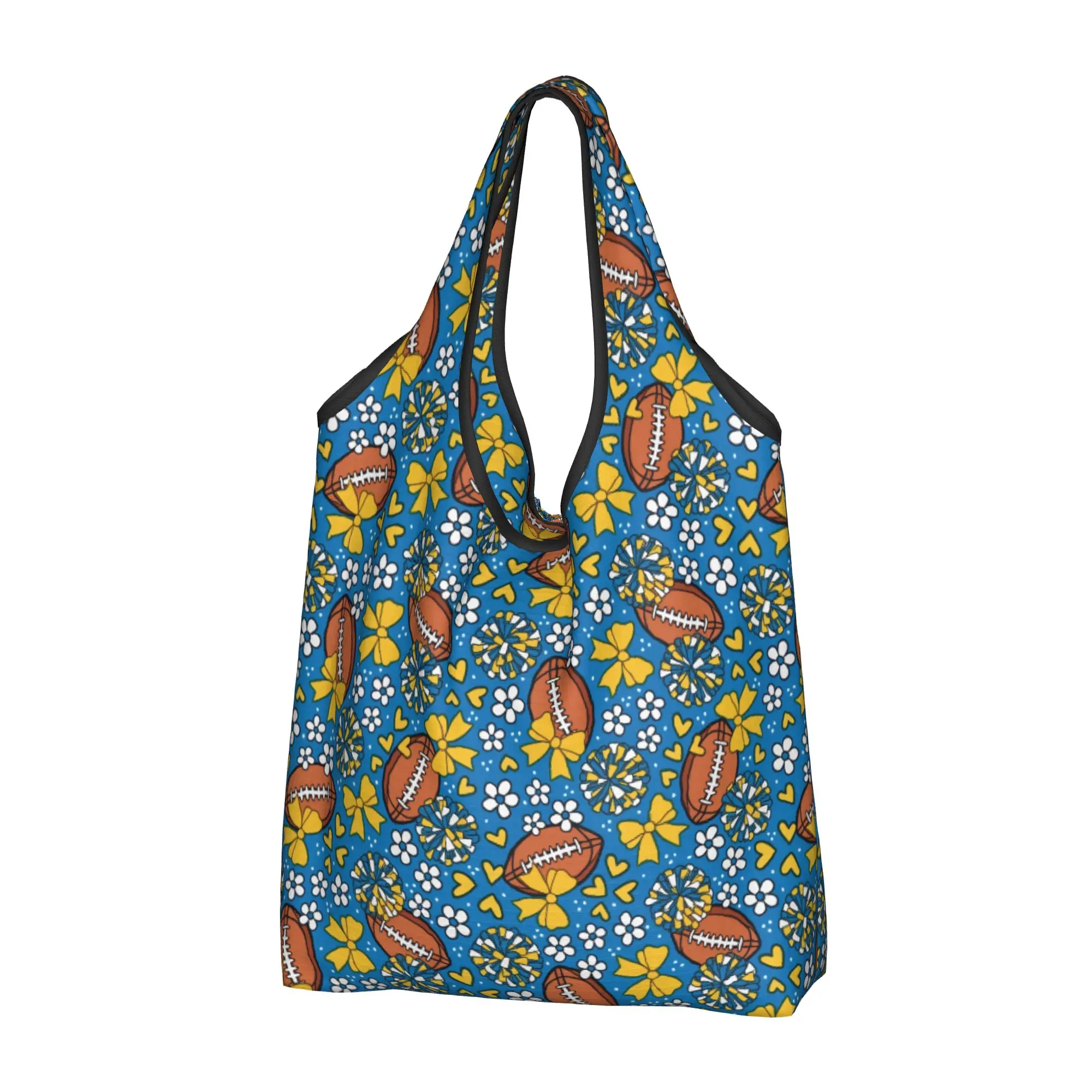 Funny Printing Cheer Bows Rugby Union Football  Shopping Tote Bags Portable Shoulder Shopper Blue Yellow  Handbag