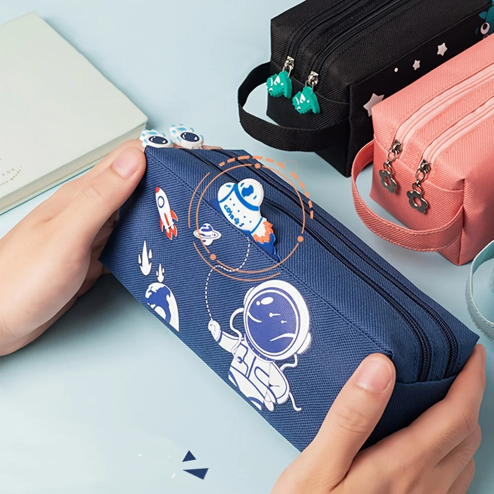 2/1 Piece Set of Space Astronaut Pencil Cases, Cute Stationery Bags, Study Supplies, Storage Bags, Desktop Office Double-Layer Large-Capacity Canvas Pencil Boxes, Storage Boxes, Suitable for Various Occasions, Hallowee