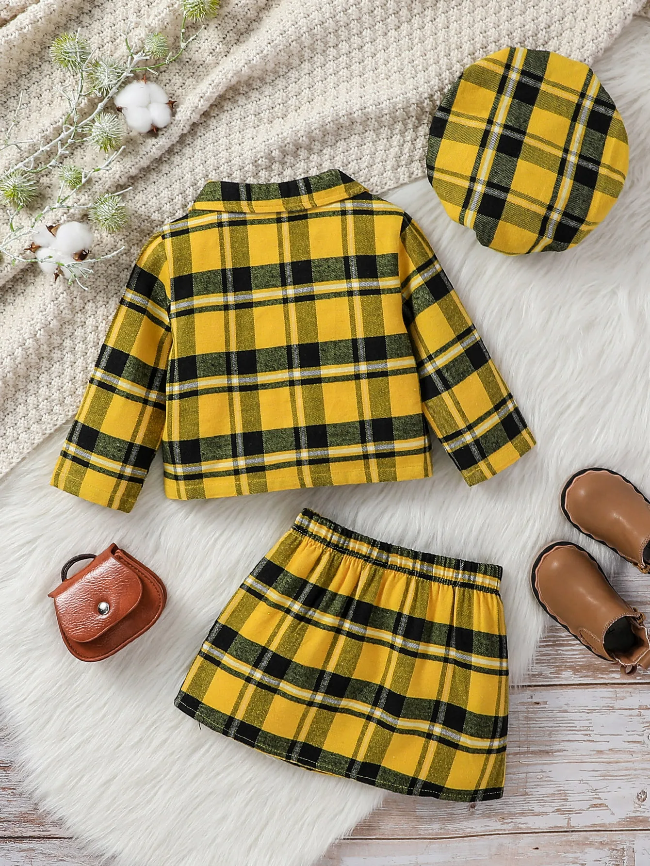 3Pcs Baby Gilrs Turn-down Collar Plaid Shirt Fall +Skirt Set For 1-3Y Fashion Outdoor Clothing Wear+Hat