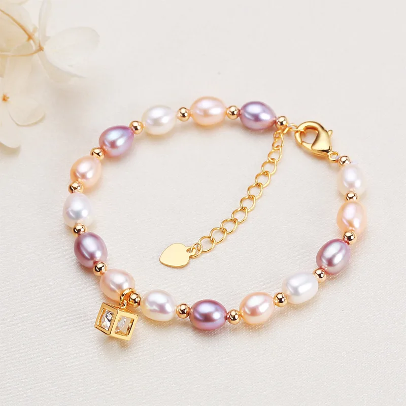 6-7mm Rice Shape Freshwater Pearl Bracelet for Women 16cm Extend Chain 18K gold Plated Pearl Bracelet Jewelry Gift