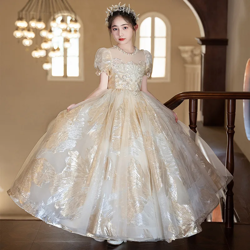 2026 Kids Girls Champagne Princess Gown Dress Vintage  Evening Flower Girl Wedding Children Birthday Piano Performance Costume
