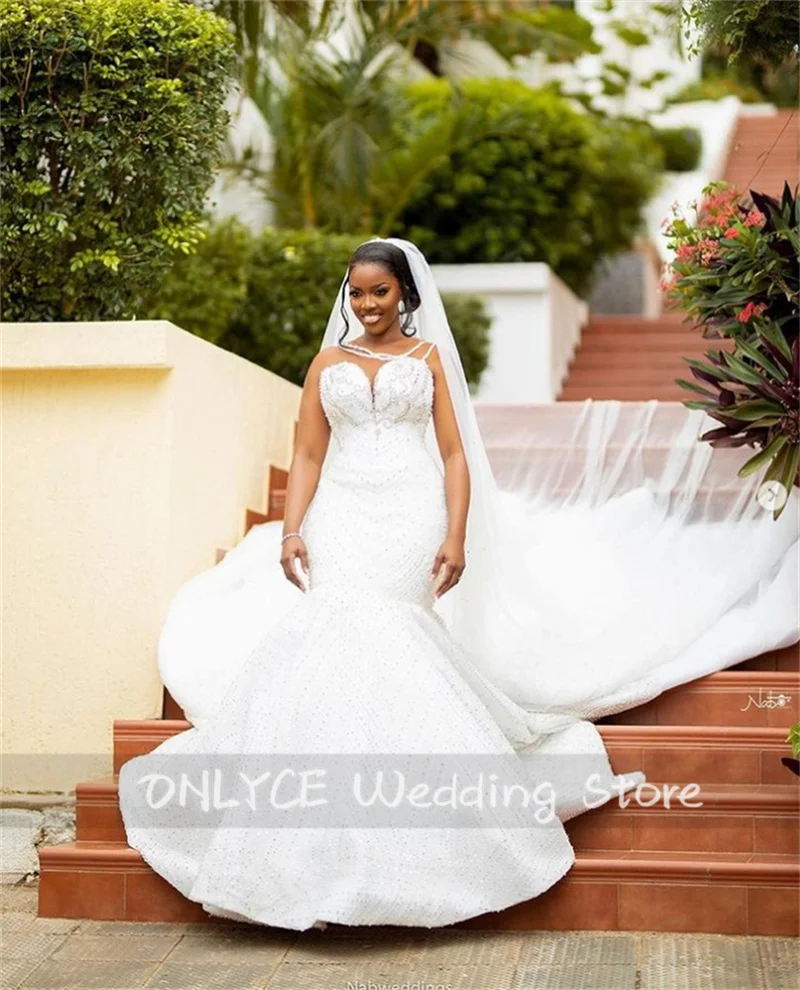 Glitter Beaded Mermaid Wedding Gowns 2024 Straps With Big Cape Beading Crystals Bridal Gowns Robe De Mariee Custom-Made