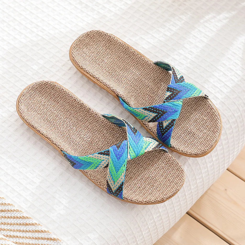 Women 2024 New Casual Sneakers For Home Slippers Summer Mixed colors Floor Woman Indoor Flats Shoes Cross Linen Slipper