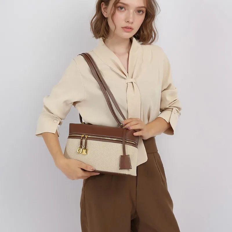 

Autumn and winter new minimalist retro box lunch box bag splicing canvas shoulder bag fashionable versatile diagonal cross bags