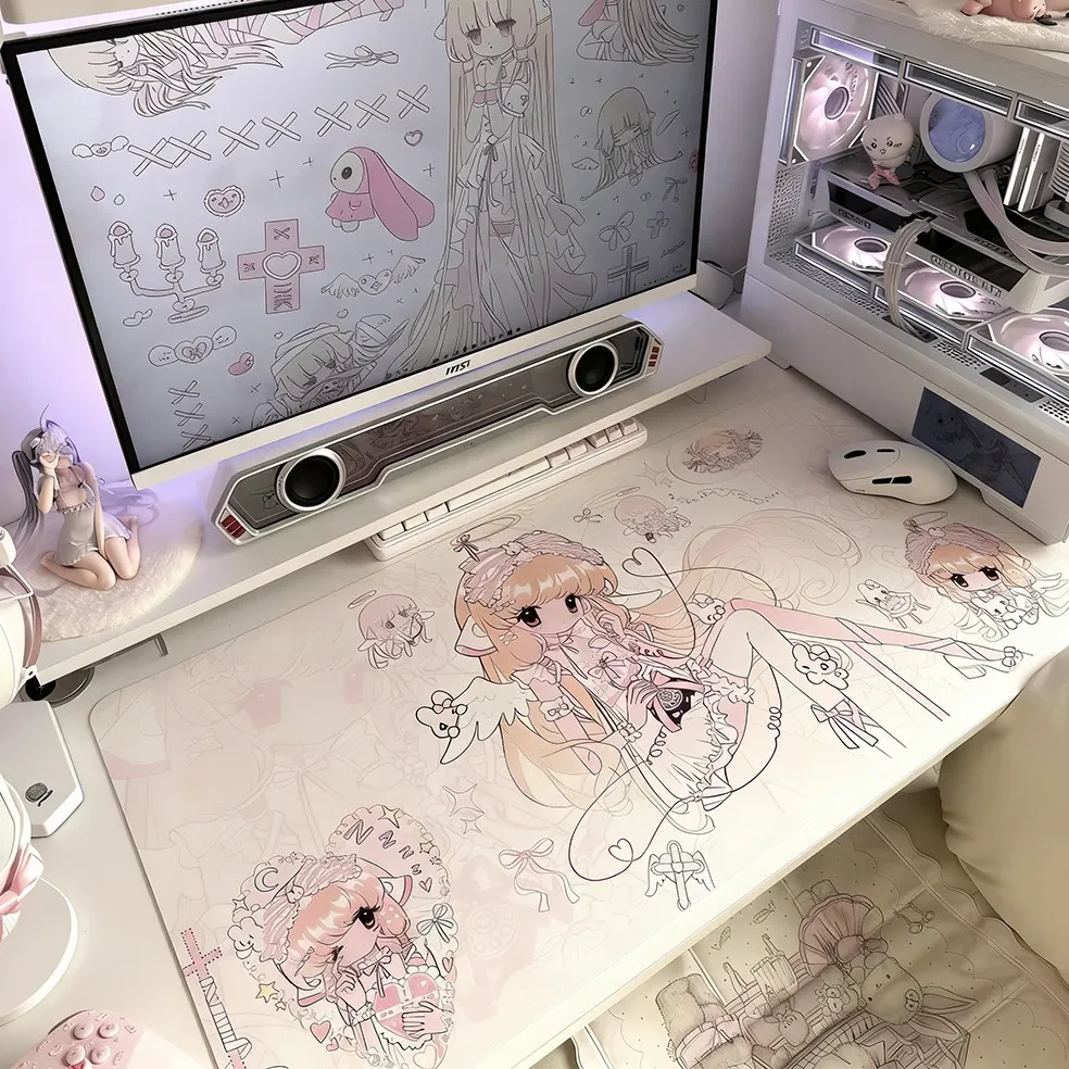 Cute Pink Angel Girl Pu Leather Mousepad Office Desk Mat Mouse Pad Computer Speed Type Carpet Mat Player Laptop Keyboard Cartoon