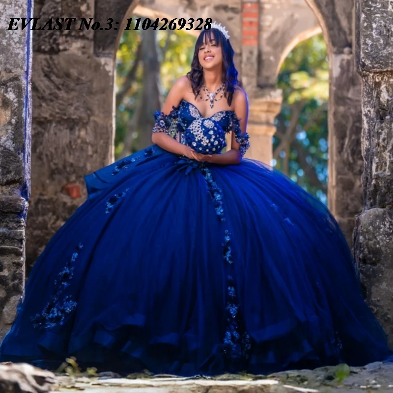 

EVLAST Customized Navy Blue Quinceanera Dress Ball Gown 3D Floral Applique Beading Tiered Sweet 16 Vestidos De 15 Anos E3Q686