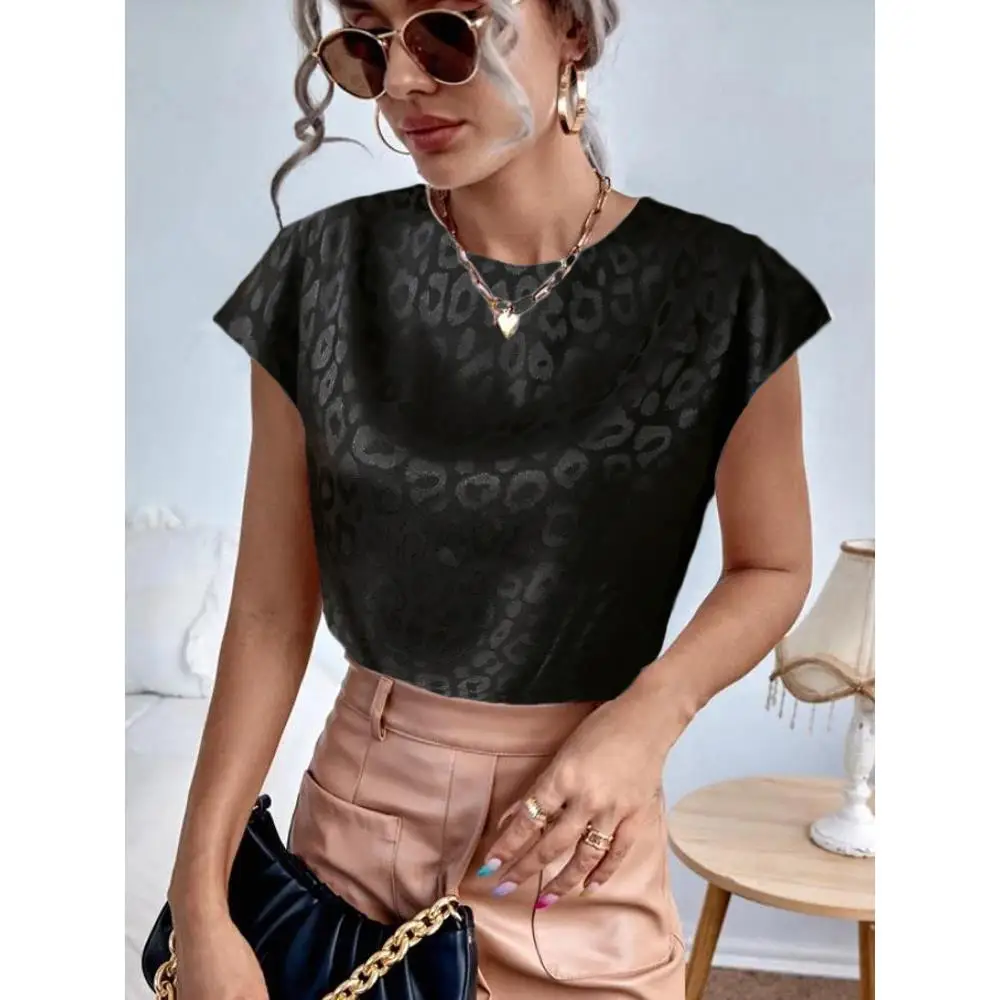 여성용 오르트 스웨트 탑 출퇴근용 슬리 폴리에스터 원단 변형 방지 여름 2023 레오파드 패턴 자수 여성용...