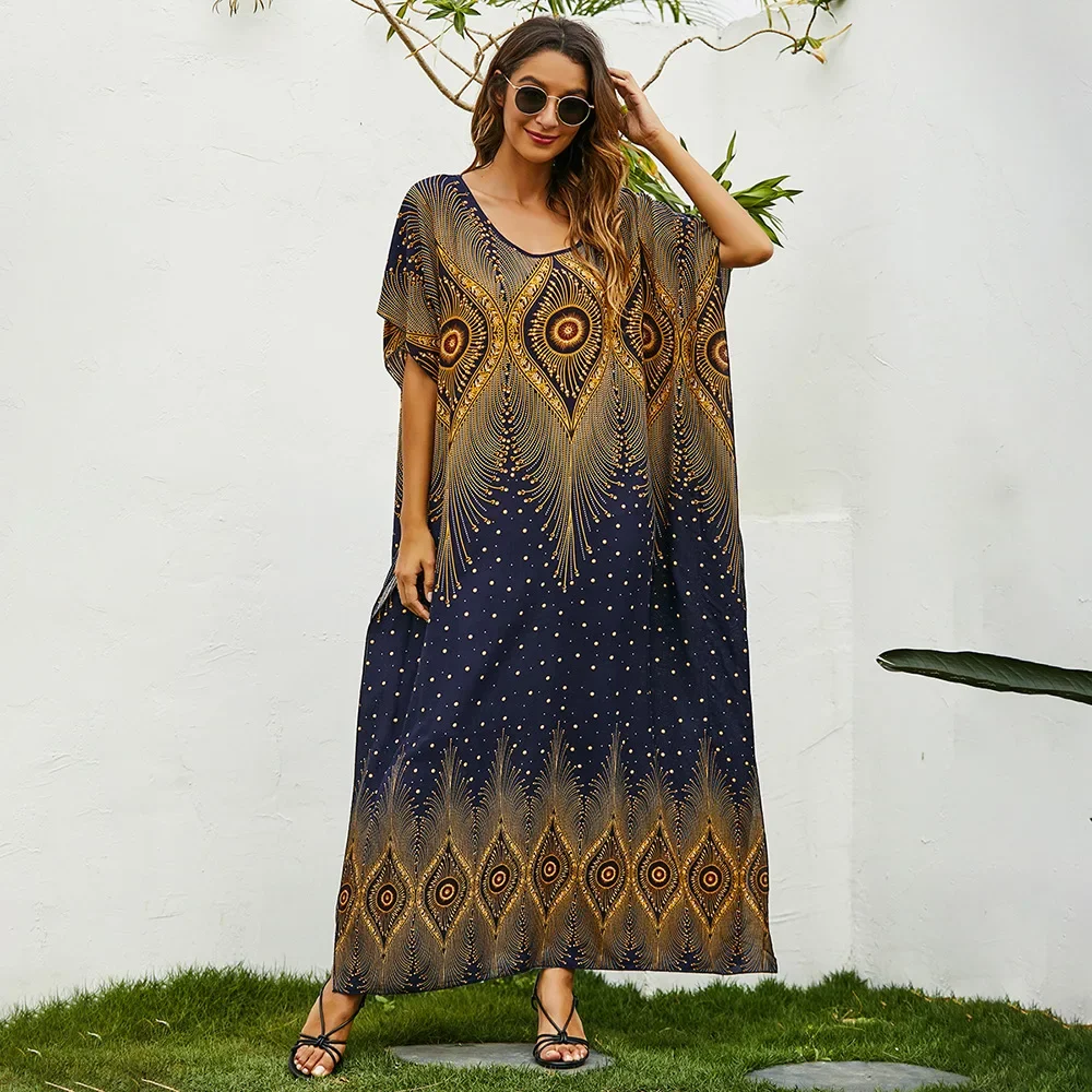 

African Muslim Lady Summer Boho fashion Printed Kaftan holiday Dress loose Streetwear Abaya with belt beach dress