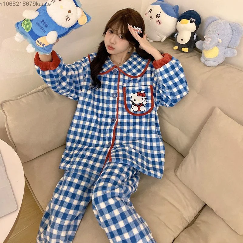 Sanrio Hello Kitty Autumn Winter Flannel Thick Warm Pajamas For Women Set Blue Checkered Fashion Sleepwear Casual Home Clothes