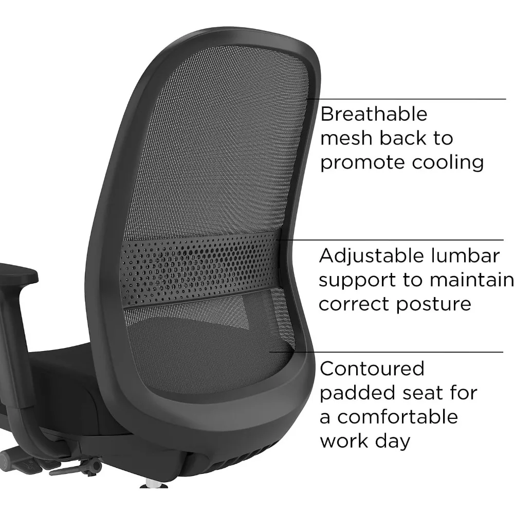 Workplace 2.0 Bedford Ergonomic Office Desk Chair, Breathable Mesh Back & Fabric Swivel Seat, Adjustable Height, Lumbar
