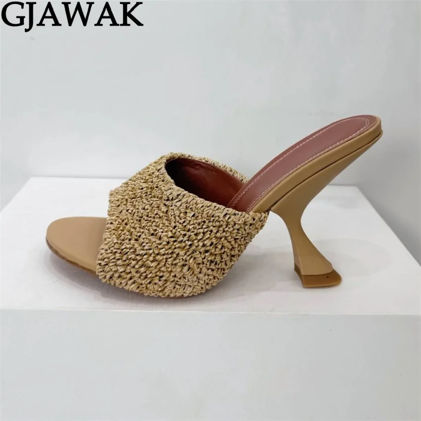 Summer High Heels Slippers For Woman Round Peep Toe Runway Shoes Genuine Leather Slides Strange Style Heels Modern Sandals Women