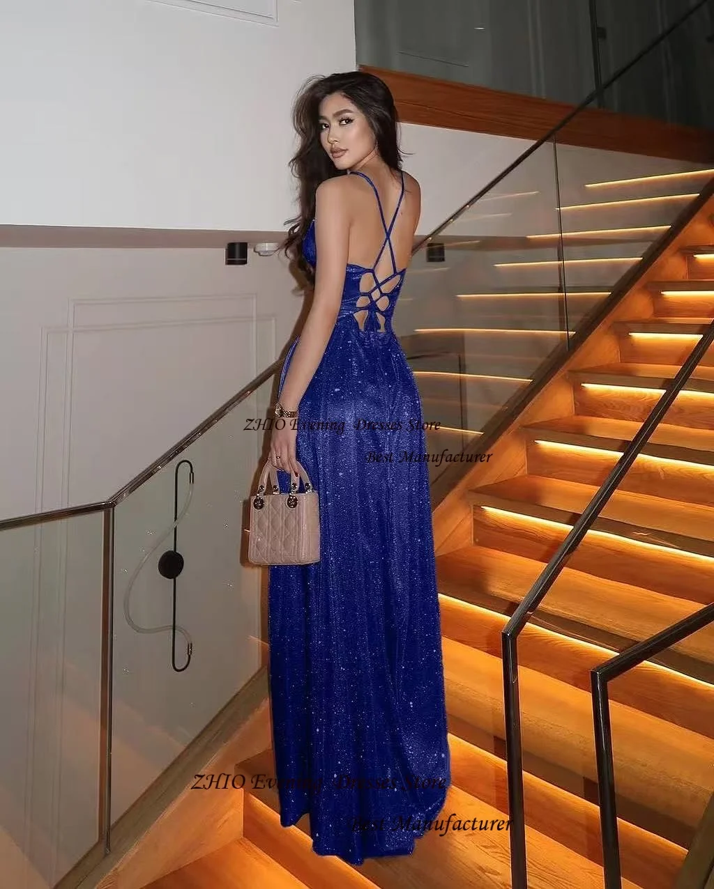 ZHIO Sexy Sequin A Line Spaghetti Trap Square Collar Evening Gown Dresses High-Slit Backless Sleeveless Formal Prom Dresses