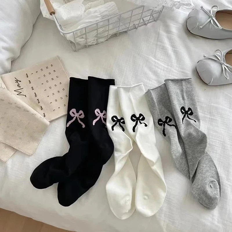 Fashion Socks For Women New Japanese Style Casual Simple White Cute Socks Trendy Bow Sweet Girls Short Socks Breathable