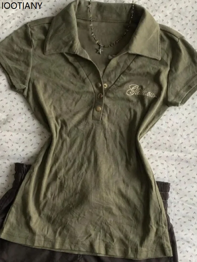 

Vintage Polo Shirt Y2k Women's Gothic Style V-neck Slim Harajuku American Letter Print Punk Army Green Short Sleeve T-shirt 2025