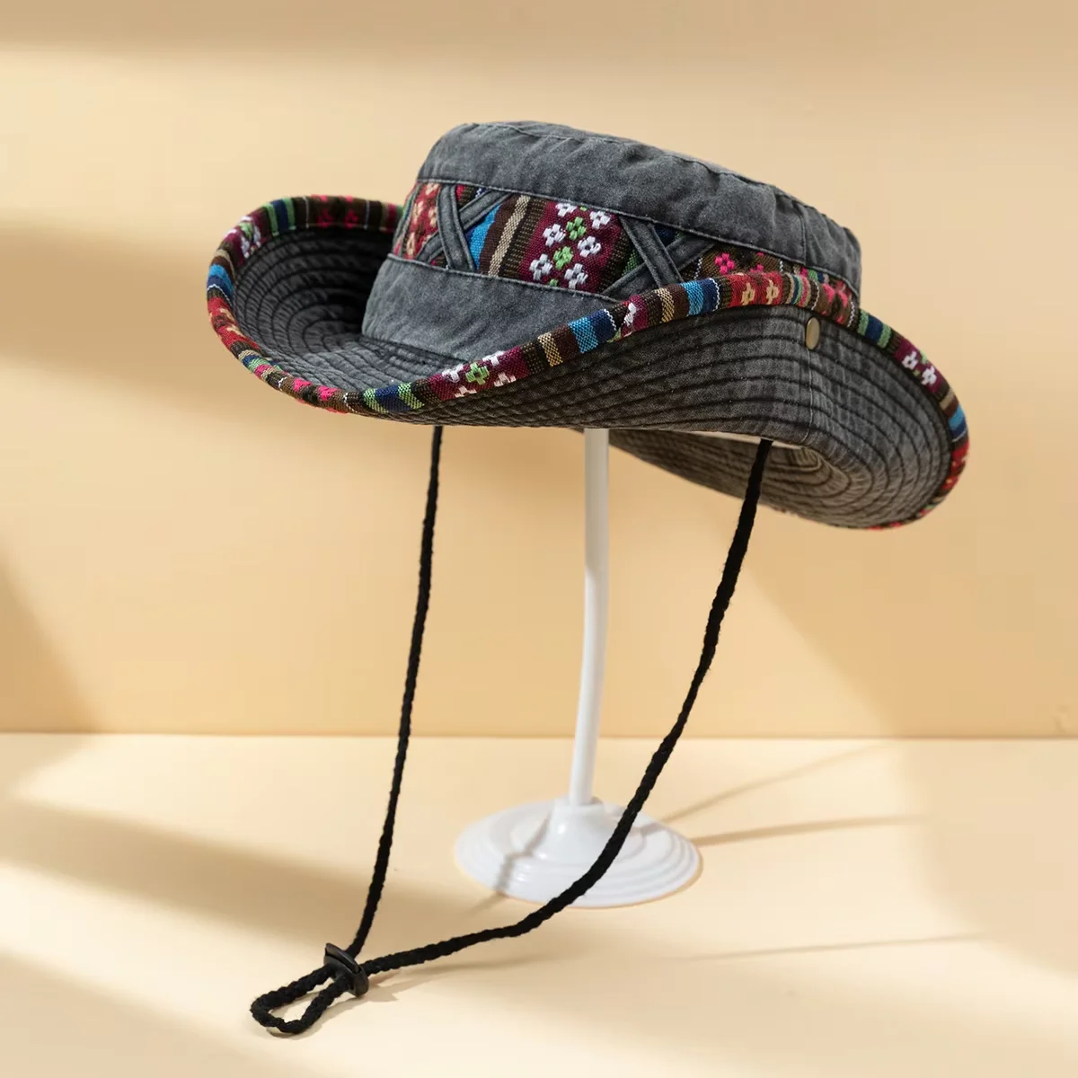 National Style Embroidered Wide-Brimmed Fisherman Hat, Washed and Distressed Cotton Outdoor Mountaineering Sun-Protective Cap