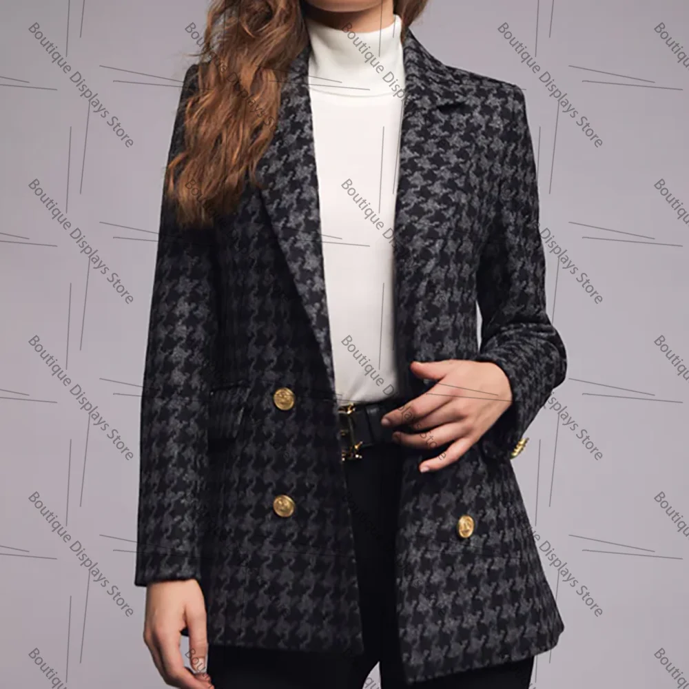 Elegant Gray Black Houndstooth Double Breasted Women Jacket Female Daily Coat Formal Blazer One Piece