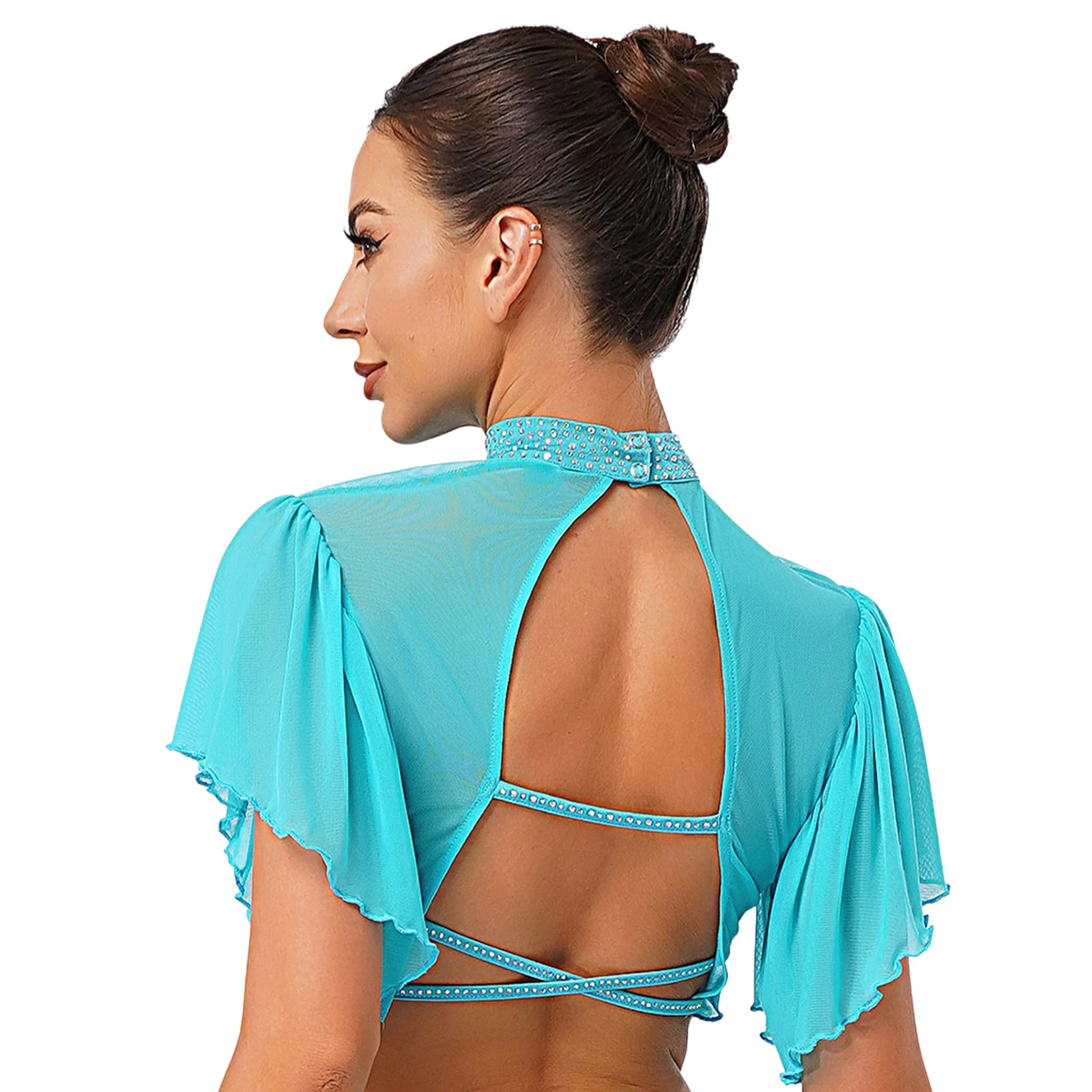 Cardigan court de danse latine lyrique pour femmes, strass brillants, manches courtes, dos ouvert, haut pour spectacle de danse moderne de Ballet