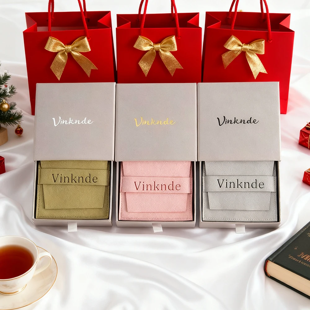 

24/50/100 шт. выдвижные подарочные коробки с ящиком 8x8x1,7 см, серая коробка из крафт-бумаги с сумкой из микрофибры, упаковка для ювелирных изделий, сережек, свадьба