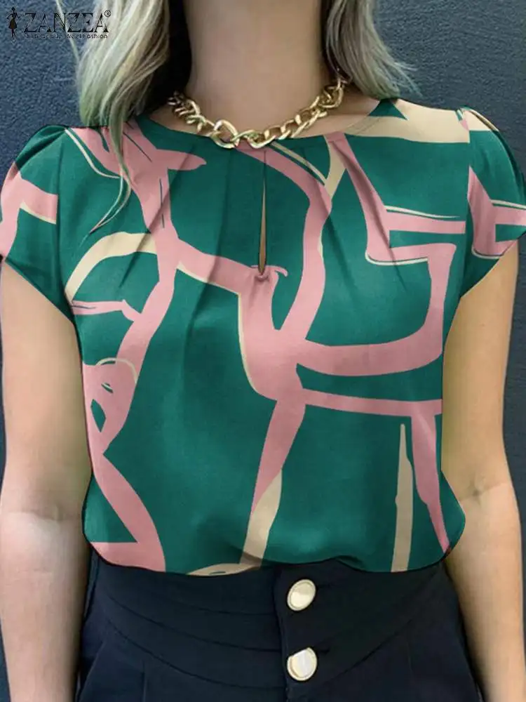 

Блузка ZANZEA с модным принтом и вырезом «Замочная скважина», элегантная плиссированная летняя блузка с коротким рукавом, Женская Повседневная рубашка для поездок, топы