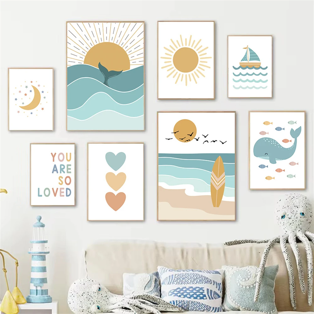 الكرتون شروق الشمس الحوت شاطئ البحر قماش اللوحة الشمس القلب القمر المشارك الحضانة جدار الفن الشمال طباعة صور الاطفال الصبي غرفة دي #1