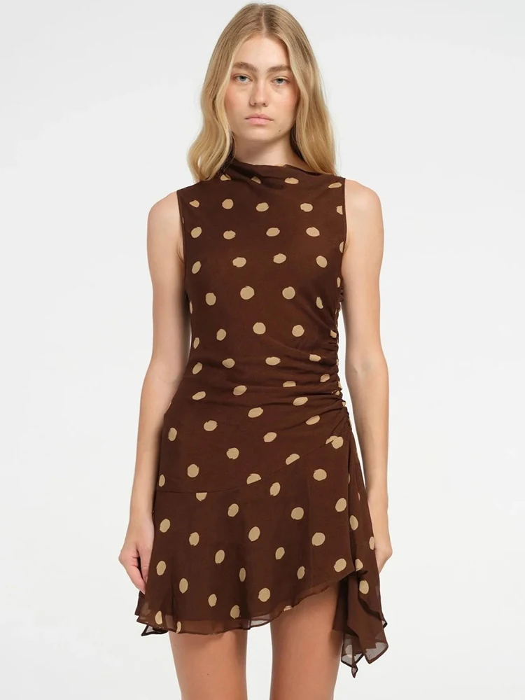 Mozision Sleeveless Polka Dot Dress For Woman Fashion Brown Print Mesh O Neck Ruched Mini Dress Elegant Irregular Dresses