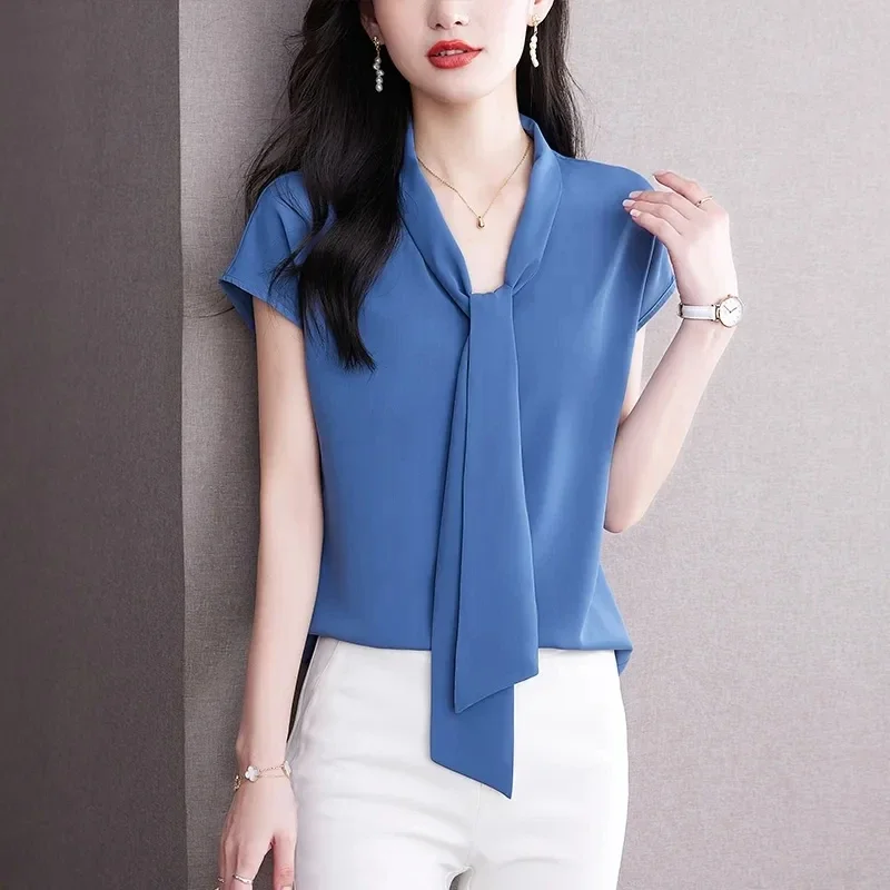 

Bow Tie Blouse Shirt for Women OL Elegant Blouses Satin Womens Tops Silk Female Clothing 2024 Korean Fashion Short Sleeve Blouse