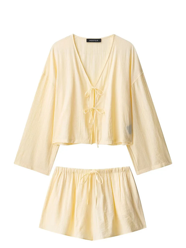 

HH 2025 модная женская желтая хлопково-льняная рубашка на шнуровке, комплект с шортами и v-образным вырезом на шнуровке + шорты с высокой талией и карманами, костюм