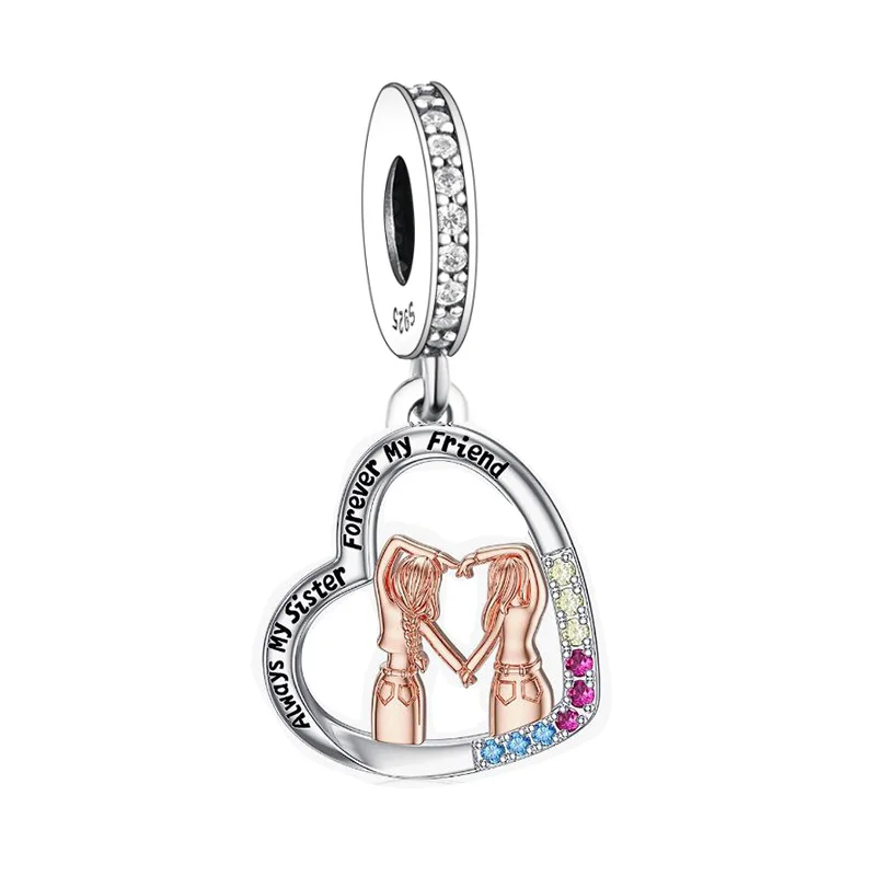 Huoonew Fit Original Pan Charm Armband, authentisches 925er Sterlingsilber, Perle „Zwei Schwestern umarmen sich, lieben sich“, für die Herstellung von Berloque – Detail 8