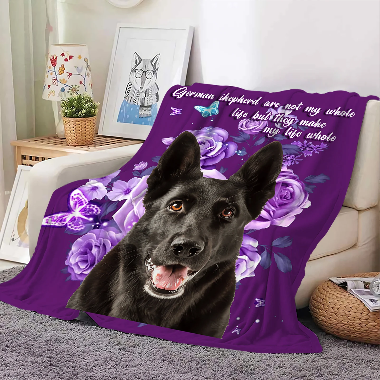 

Animal Dog Flannel Blankets Black German Shepherd Floral 3D Printed Throw Blanket Office Nap Travel Portable Quilts Dropshipping