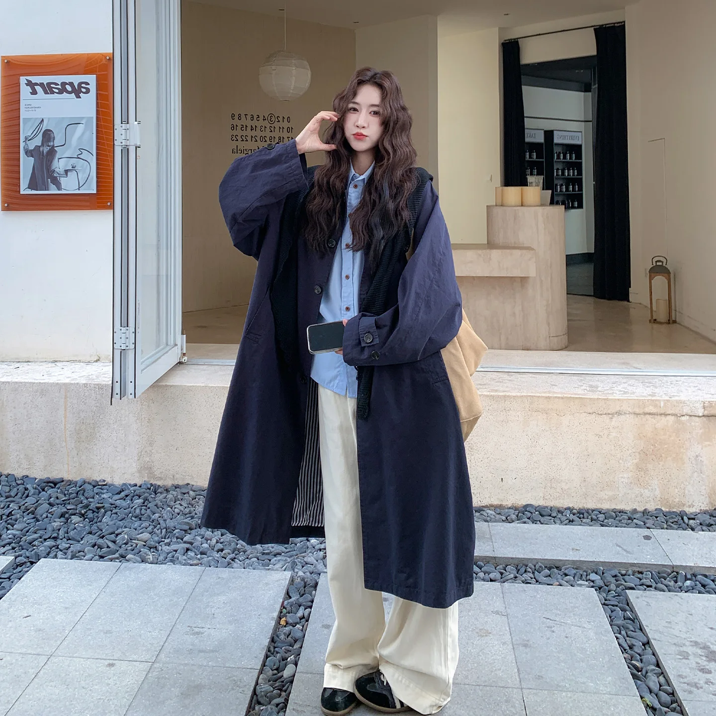 

SuperAen Navy Korean Style Retro Simple Trench Coat for Women 2026 New Loose Waist Casual Oversize Lapel Collar Long Coats