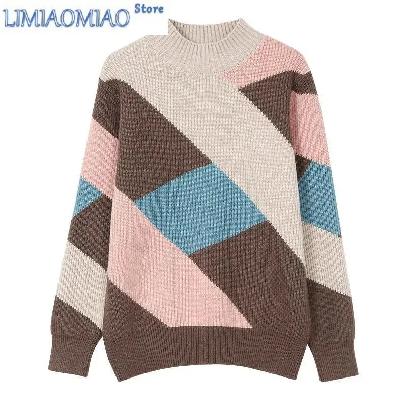 Autumn/Winter Fashion Korean Edition Spliced Contrast Half High Neck Loose Versatile Western Knitted Long Sleeve Sweater