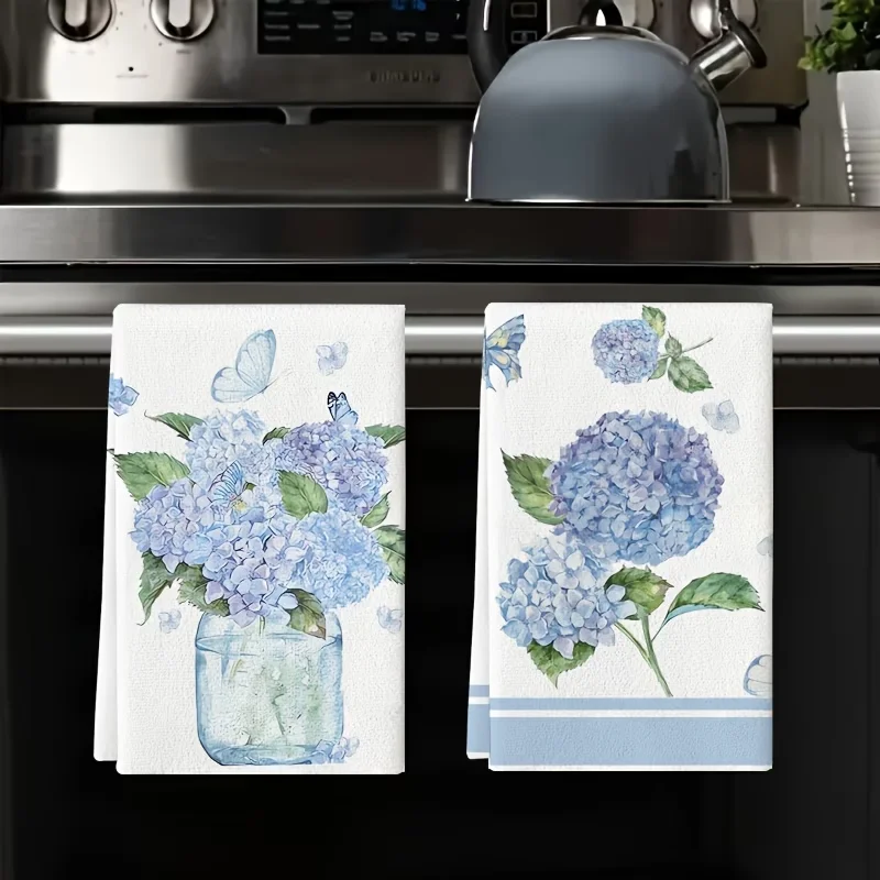 2-Piece Blue Hydrangea Print Towels - Ultra-Soft, Highly Absorbent, Lightweight Kitchen and Bathroom Towels, Suitable for Cooking, Baking, and Draining - Modern Home Decor, Housewarming and Birthday Gifts, with an Extremely Soft Texture