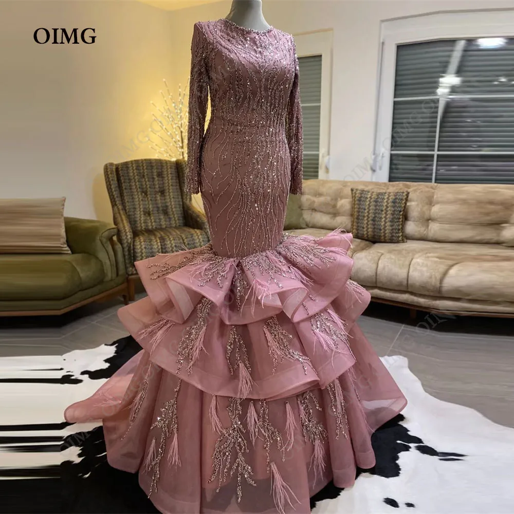 OIMG Dusty Pink Mermaid Tiered Evening Dresses Prom Gowns 2024 O Neck Feathers Luxury Elegant For Women Party Custom Made