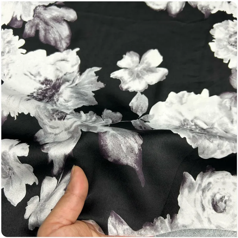 Black Background White Flower Artificial Silk Acetate Silky Fabric Sling Dress Shirt Short Sleeve Pants Clothing Fabric