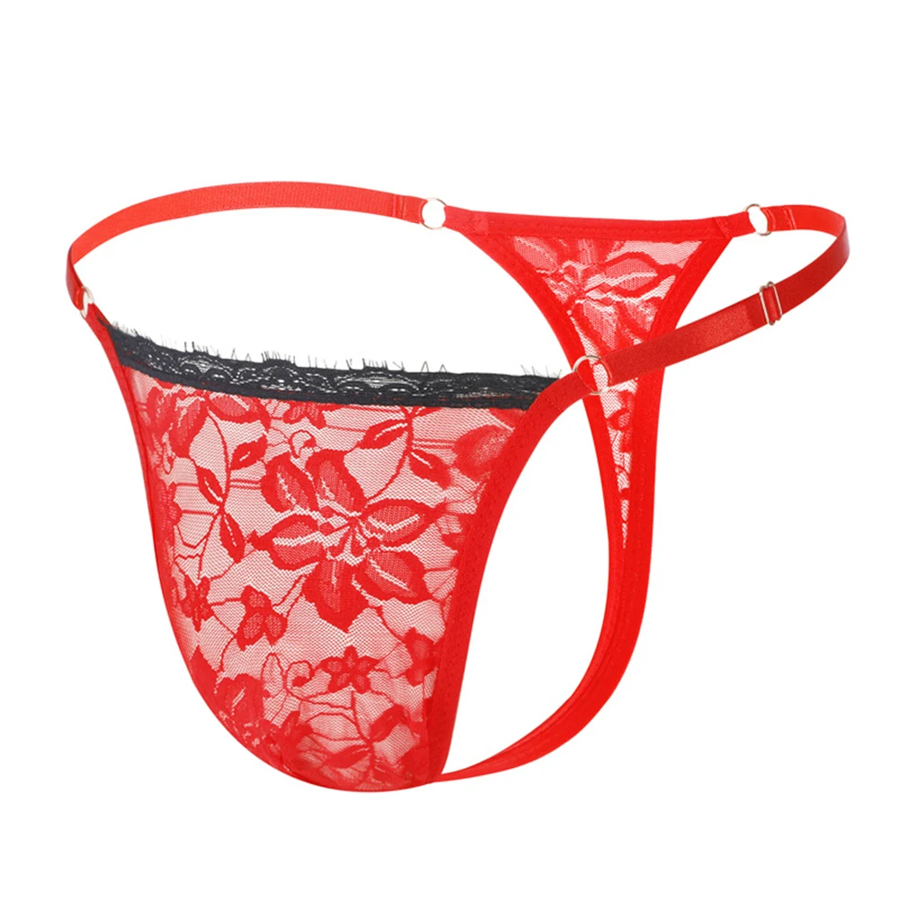 Men's Lace Sheer Sissy T Back Thong Underwear Gays Erotic Open Buttock G-String Ring Cockring Elastic Strap Underpant Homme Half