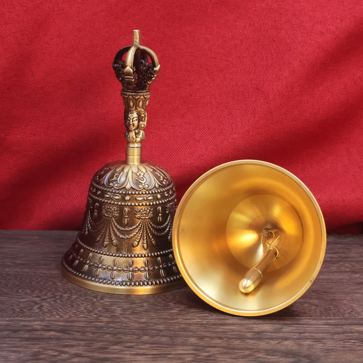 HT  Brass large three-headed demonic bell temple Xizang lama holding six-character mantra bell bronze handicraft ornament