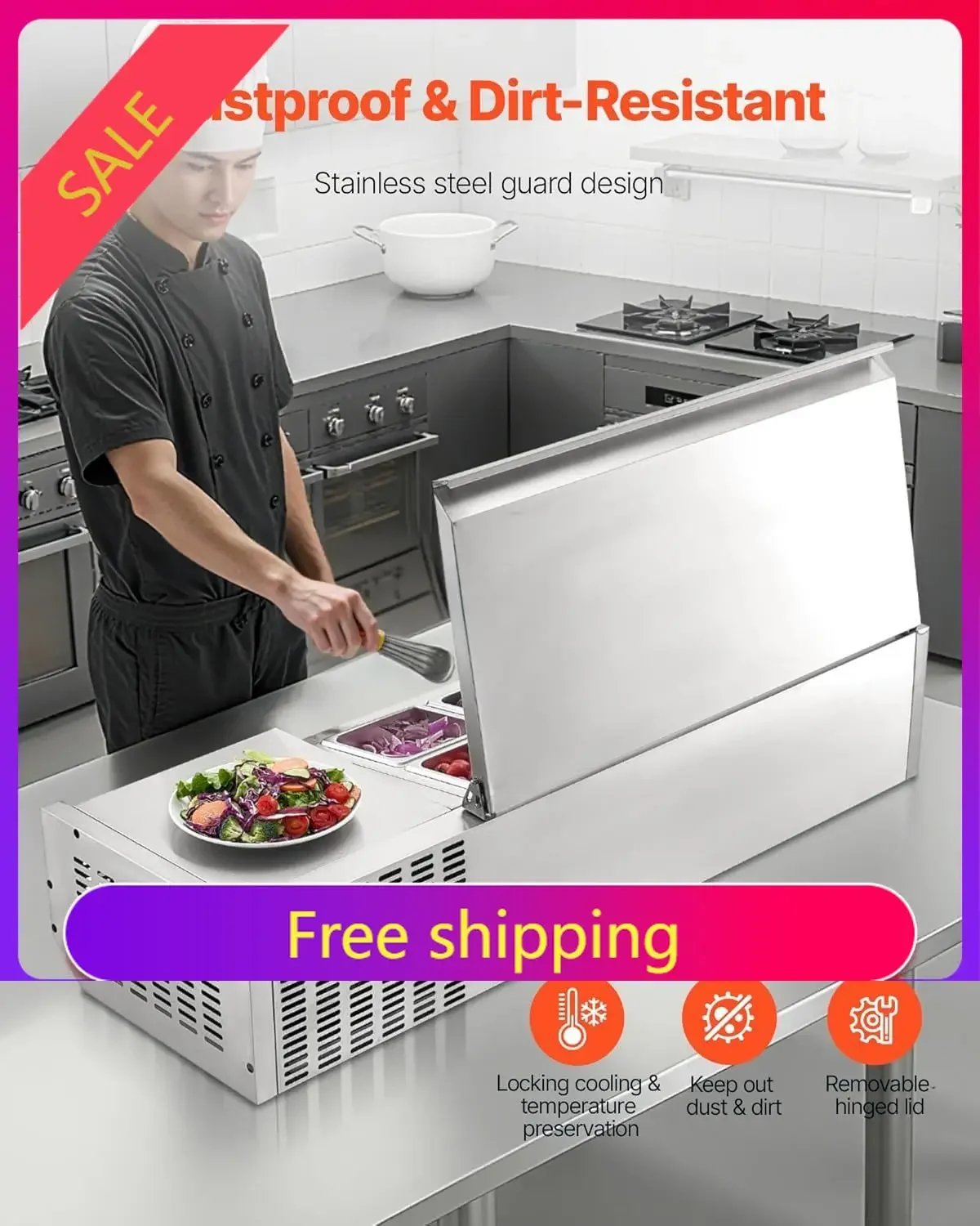 Refrigerated Condiment Prep Station, 130 W Countertop Refrigerated Condiment Station, with Two 1/3 Pans & Four 1/6 Pans, 304 Sta
