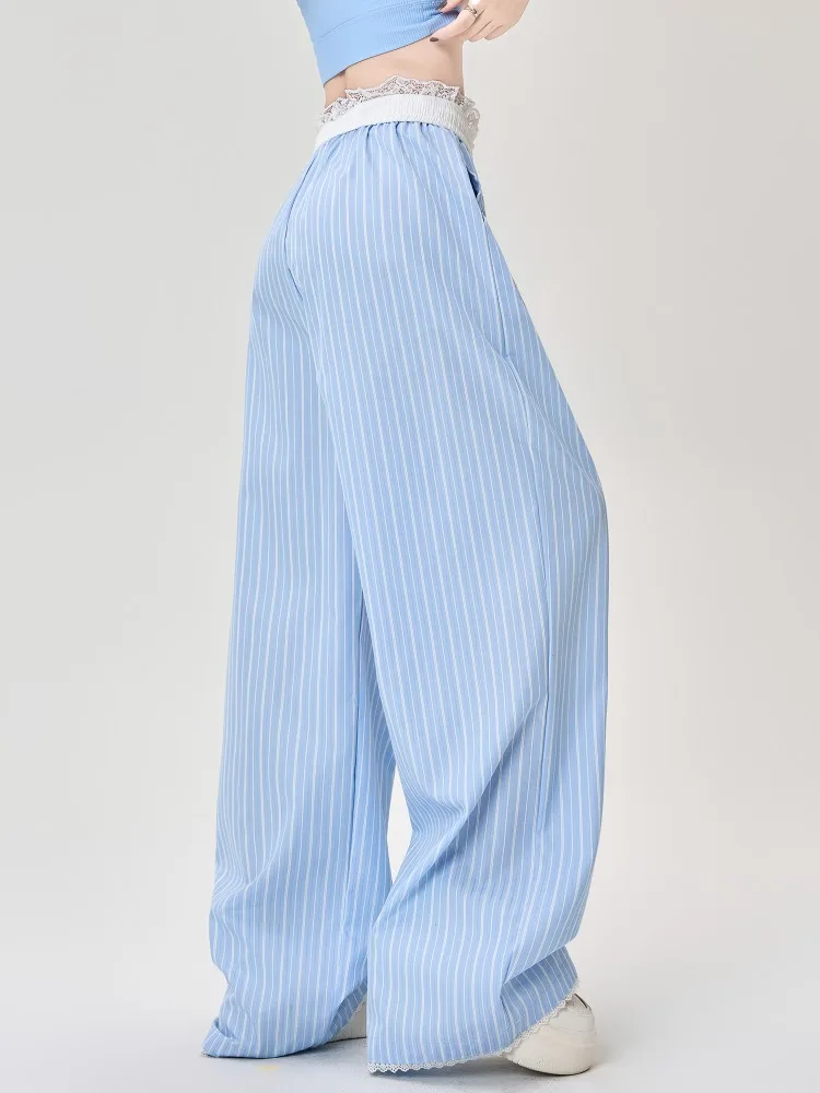 Blue striped wide leg pants women's summer design embroidered fabric lace high waisted casual straight leg casual pants