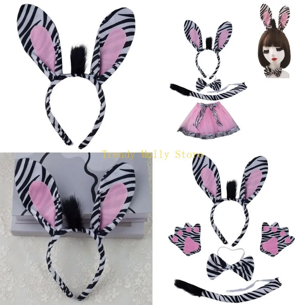 

N5KB Zebras Ears Zebras Hair Hoop Animal Ears Collar Set Cartoon Animal Headbands Zebras Headdress Animal Tail