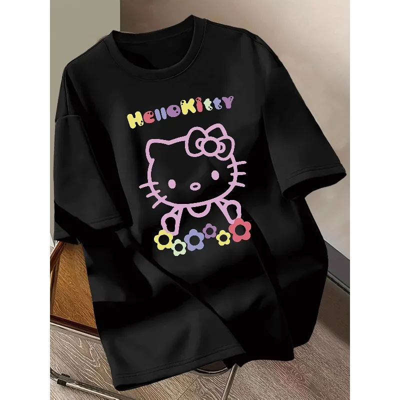 Damska koszulka z krótkim rękawem Sanrio Hello Kitty, czarna, z kolorowym nadrukiem kreskówkowym, okrągły dekolt, zabawny wzór.