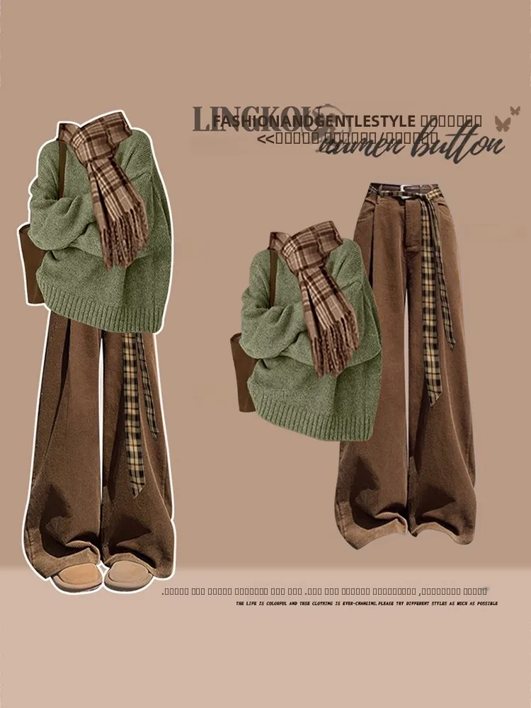 

plus Size Autumn Winter Vintage Knitted Sweater And Slimming Casual Pants Two Piece Set for Women Lazy Sle American Faion