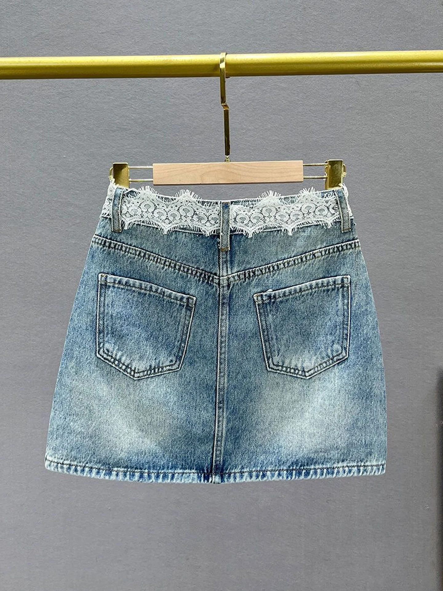 High Waist Slim Fit Short Denim Skirt with Lace Splicing And Rhinestone for Women Autumn Fashion Trend Korean Style Half Body...