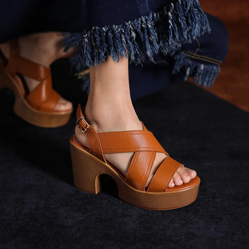 

Chunky Heel Women Shoes Peep Toe Roman Style Pumps Elegant Sandals Sheepskin Ladies Shoes Summer Platform Sandals Thick Heel