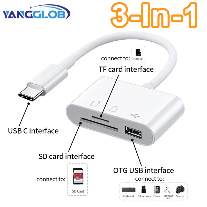 3-in-1-Kartenleser-Adapter, Typ C auf SD/TF-Speicherkartenleser, USB-Typ-C-OTG-Konverter für Huawei-, Samsung- und Xiaomi-Smartphones und -Tablets.