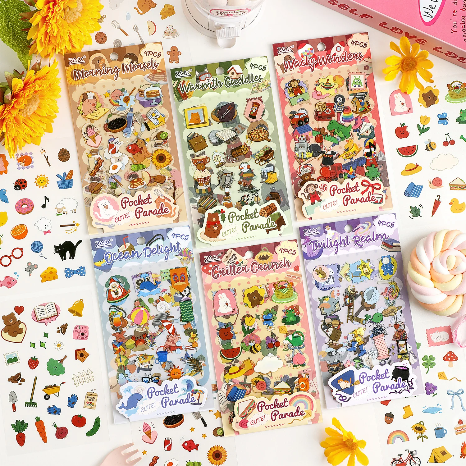 4Pcs Cute Pocket Parade Animal PET Sticker Pack, Cartoon Bear Bunny Stickers for Journal DIY
