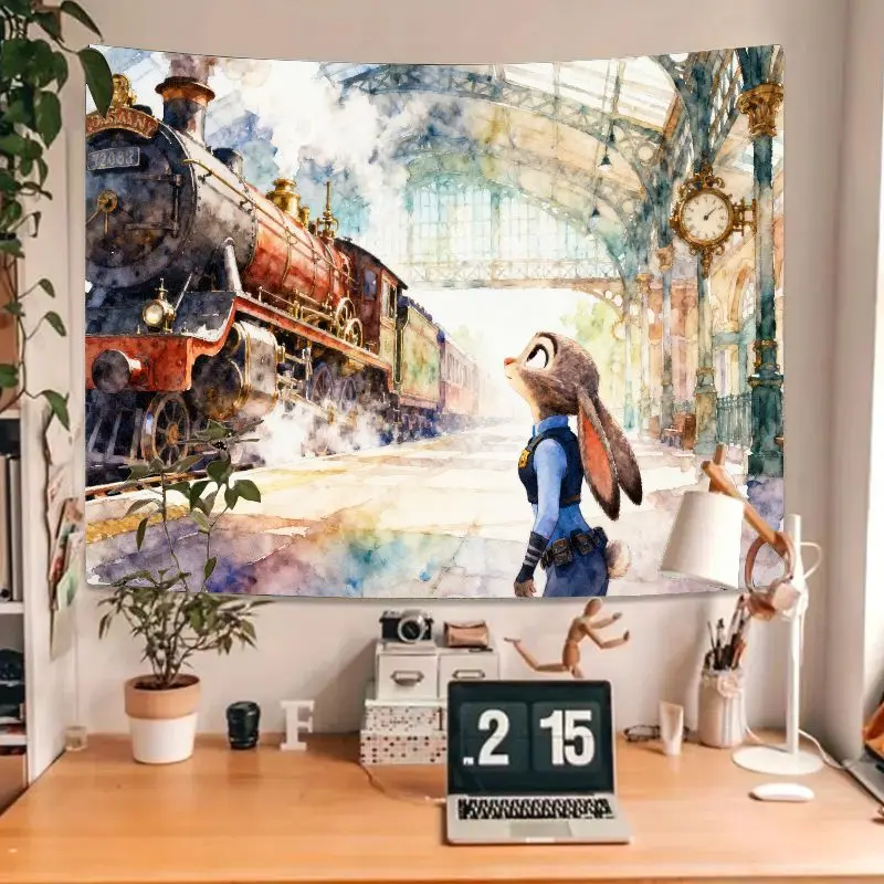 قطعة واحدة من نسيج Zootopia Judy Hopps، محطة قطار البخار العتيقة، لوحة فنية جدارية بألوان مائية، هدية ديكور غرفة بوليستر جمالية. #4