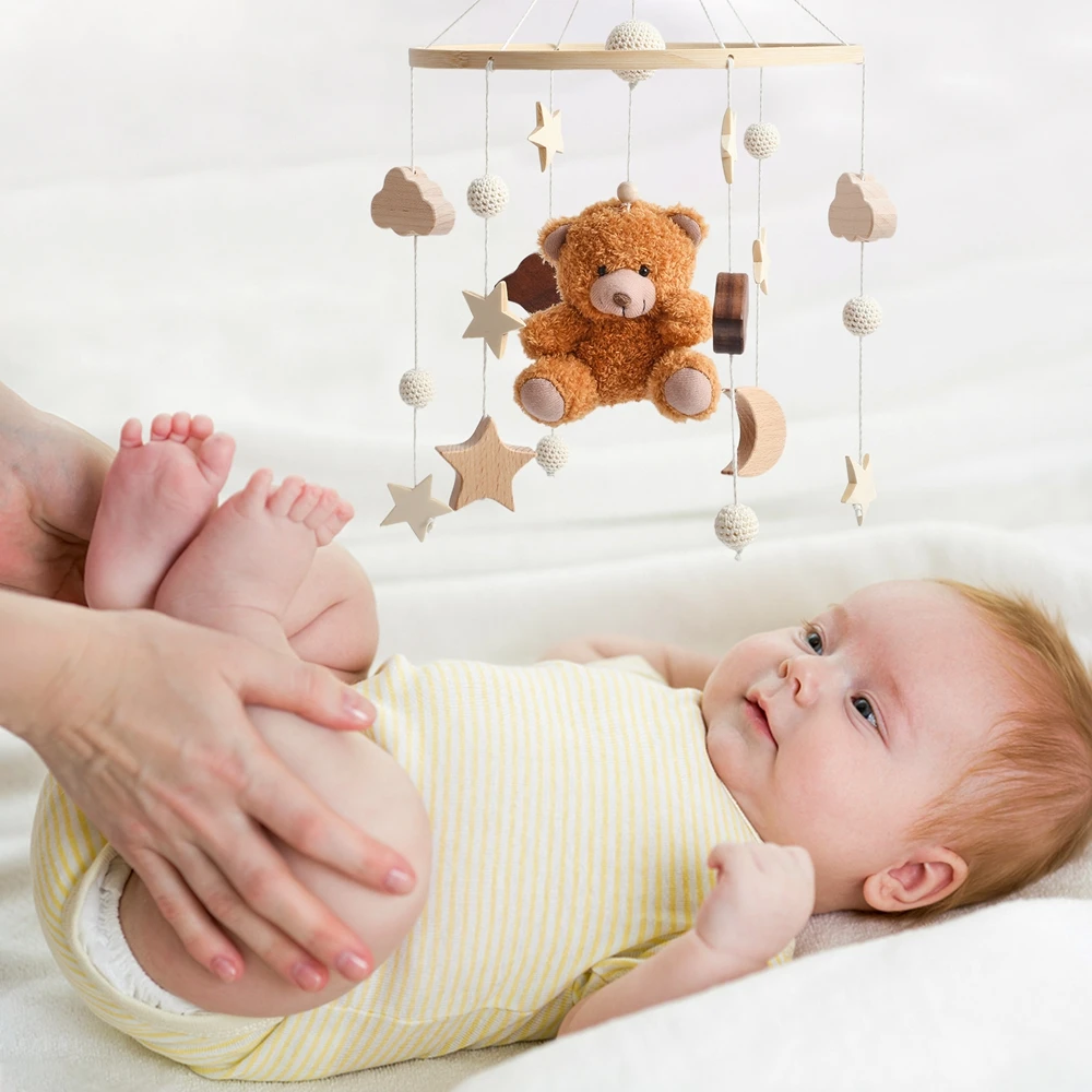 Berceau de bébé Mobile hochet en bois jouet cloche de lit Mobile suspendu velours ours en peluche poupée jouet nouveau-né boîte à musique berceau support Mobile cadeau