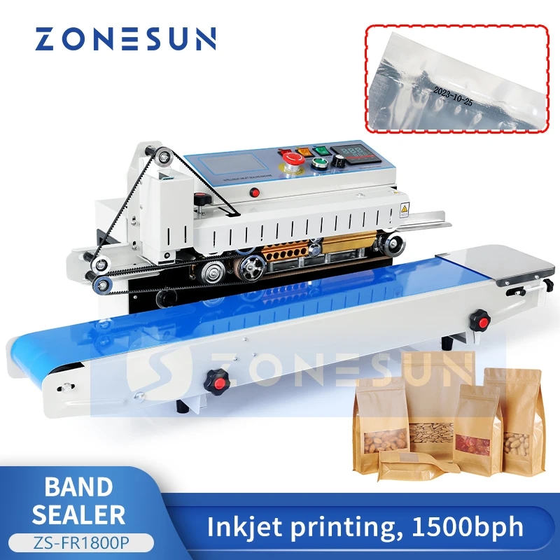 ZONESUN Automatic Bag Sealing Machine with Expiration Date Coder for Plastic Aluminum Foil Bag Food Packaging Machine ZS-FR1800P