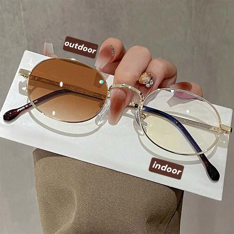 Trendy Women Photochromic Myopia Glasses Men Ladies Fashion Small Oval Frame Near Sight Eyewear Anti-UV Color Change Eyeglasses image 5